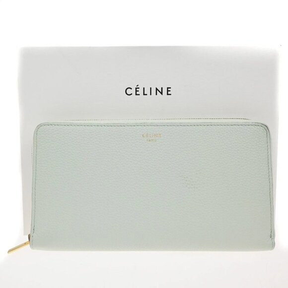 CELINE Logo Zip Around Long Wallet Purse Leather Light Green GHW Italy 62KB111 - Picture 1 of 16